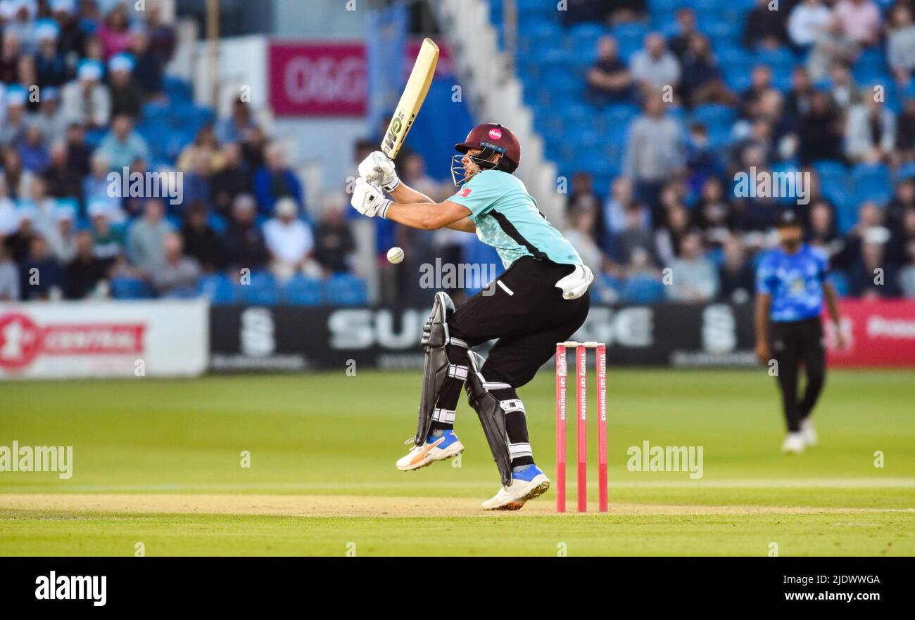 Hove UK 23rd June 2022 -  Will Jacks of Surrey  takes a painful blow while on his way to half century during the T20 Vitality Blast  match  between Sussex Sharks and Surrey at the 1st Central County Ground Hove . : Credit Simon Dack / Alamy Live News Stock Photo