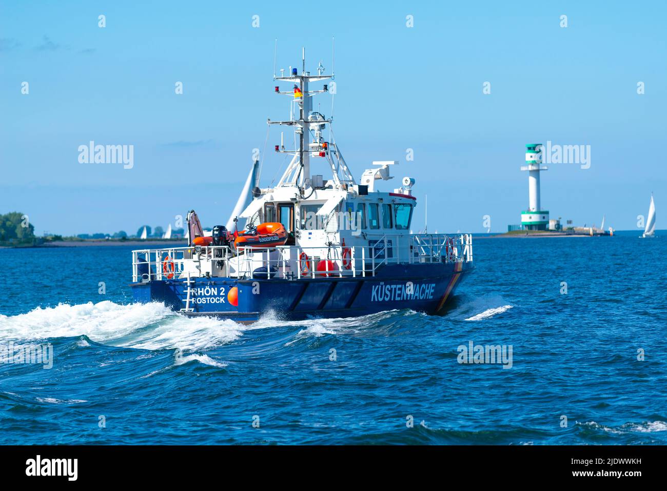 Lighthouse Fridrichsort, Kiel, Federal Police boat, sailing boat on Kiel Fjord, Baltic Sea, Schleswig-Holstein, Northern Germany Stock Photo