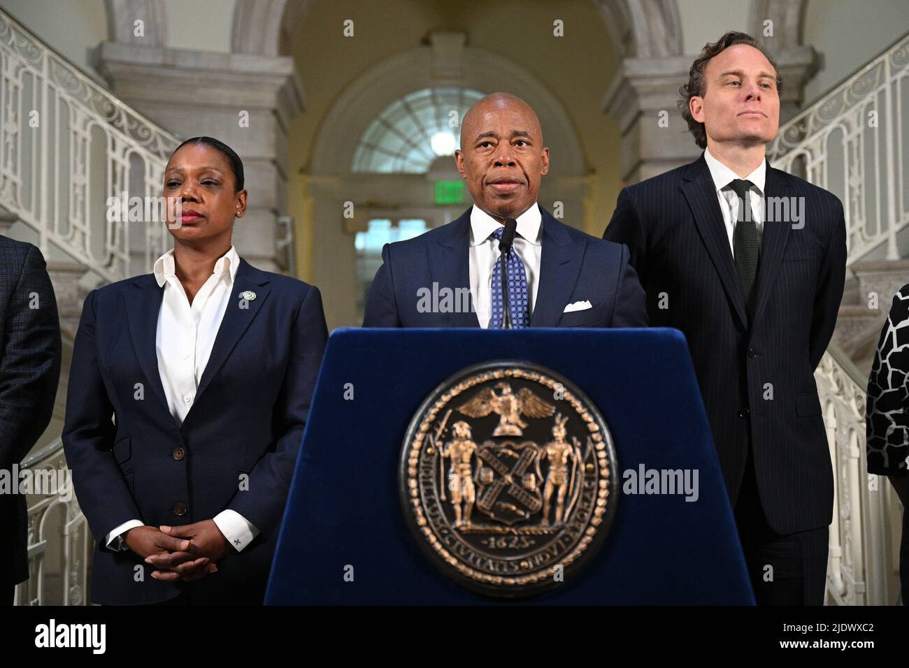 Mayor Eric Adams during a press conference at City Hall in response to the United States Supreme Court's ruling striking down New York State's conceal Stock Photo