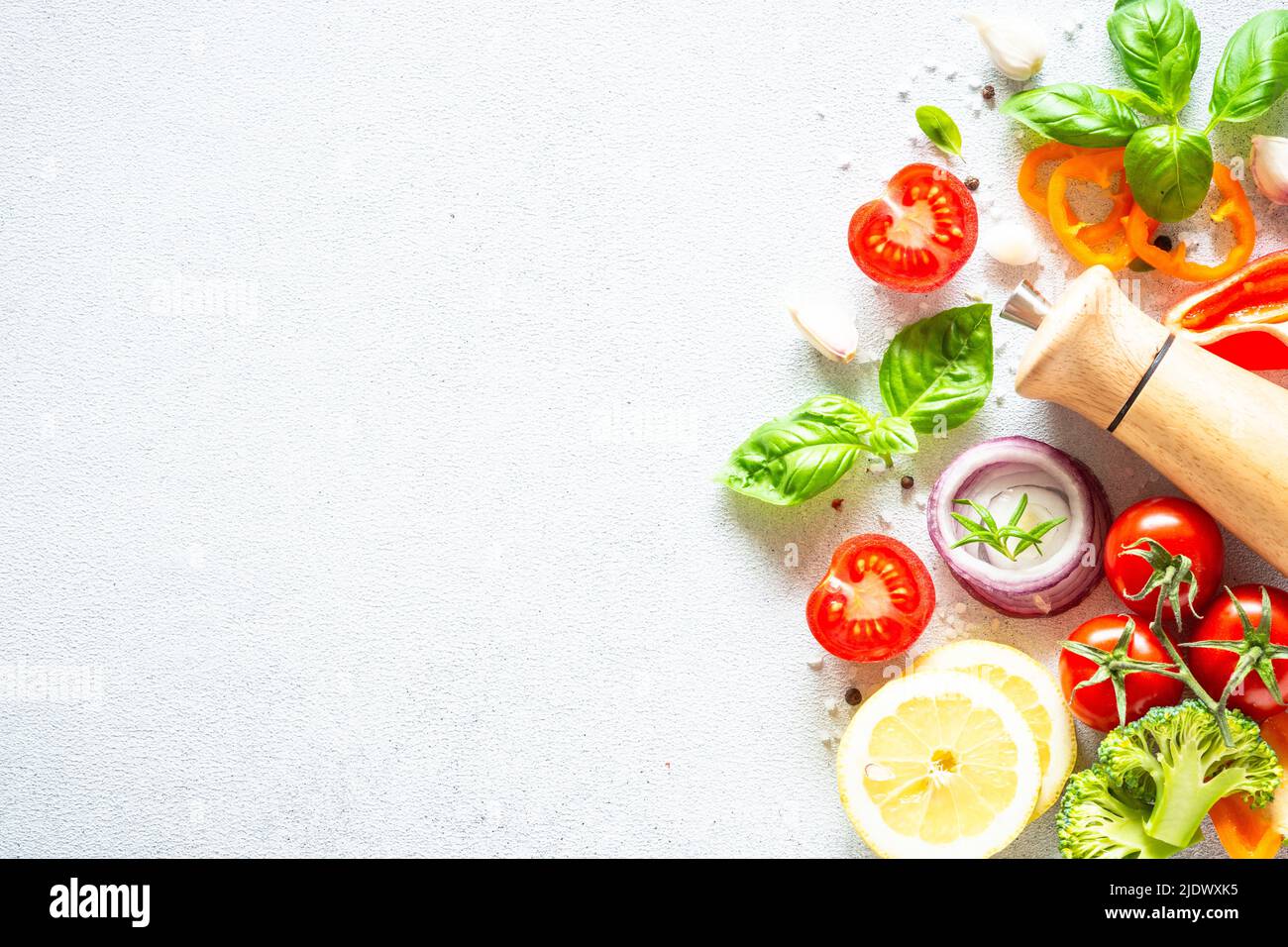 Food cooking background on white table Stock Photo Alamy