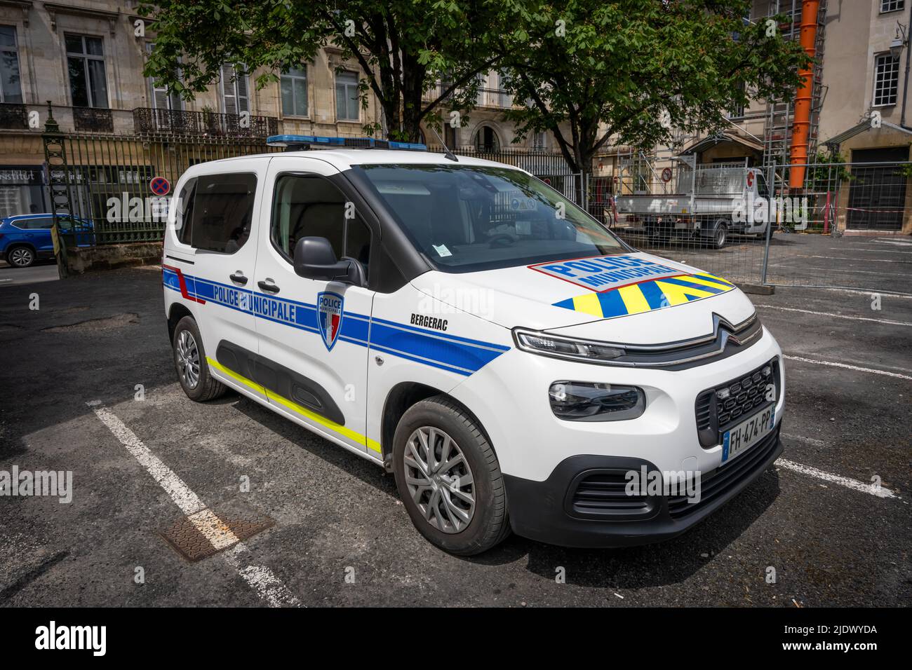 Bergerac, France - May 10th 2022 - Fench Policecar parkerd in the center of Bergerac in the Dordogne provence Stock Photo
