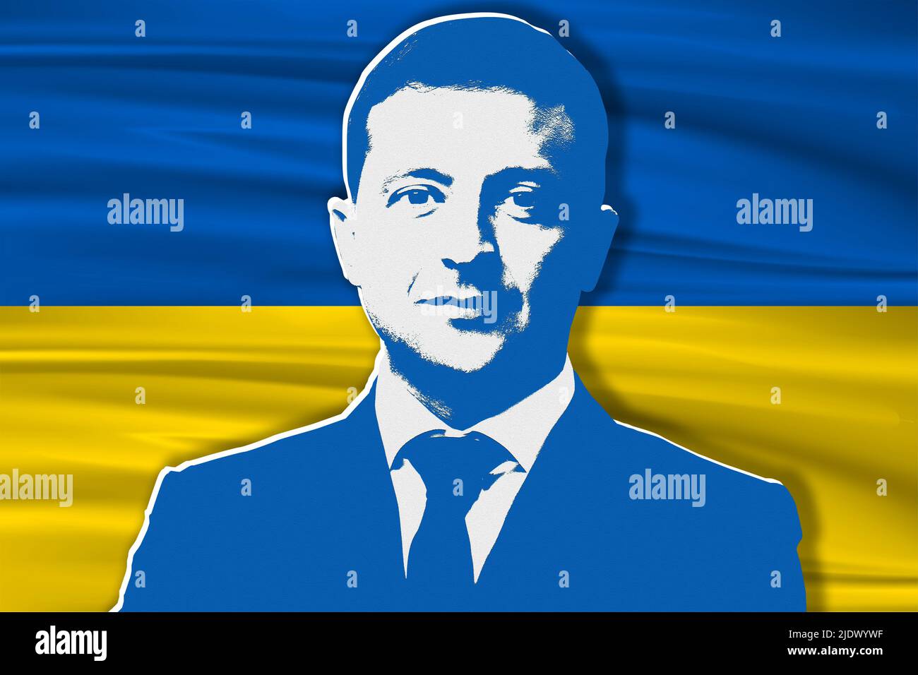 Volodymyr Zelensky and Ukrainian flag. Portrait of the President of  Ukraine. Flag of Ukraine Stock Photo