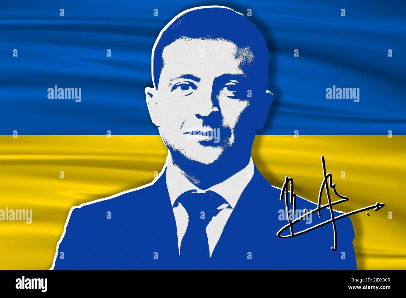 Volodymyr Zelensky, Ukrainian flag and signature Stock Photo - Alamy