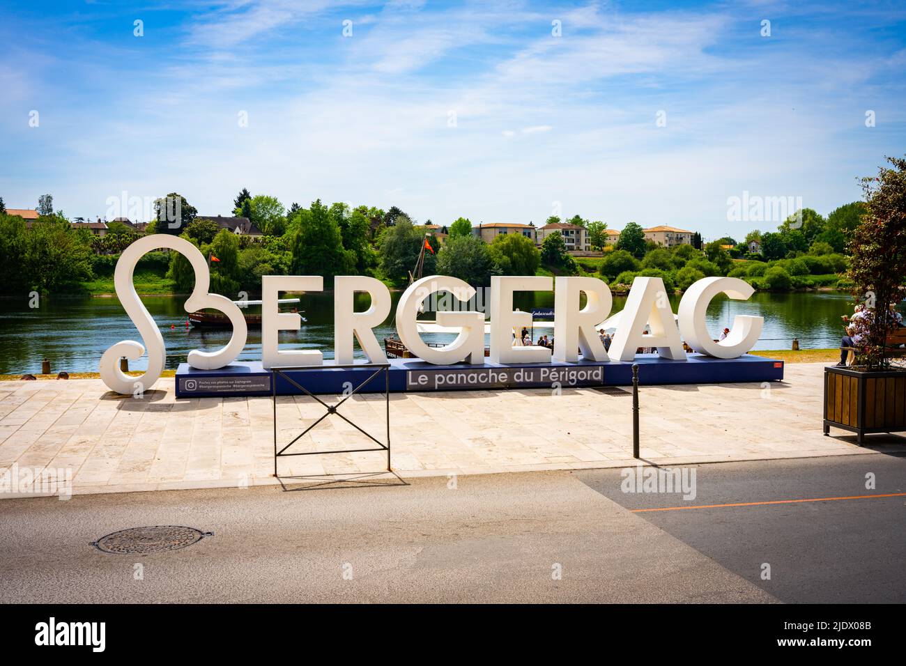 Bergerac, France - May 10th 2022 - Touristic Bergerac sign at the riverside of town Stock Photo