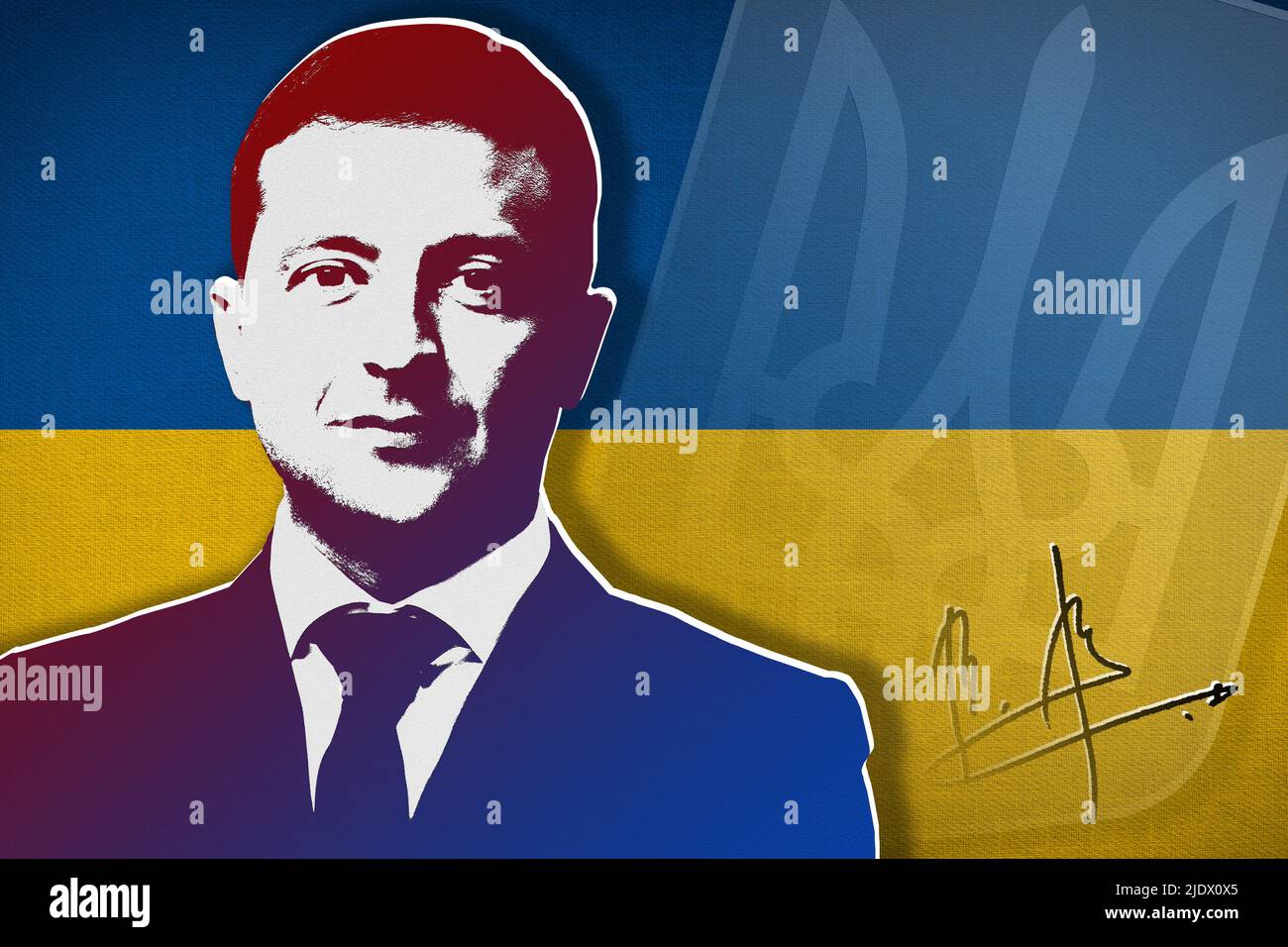 Volodymyr Zelensky, Ukrainian flag, coat of arms and signature Stock ...