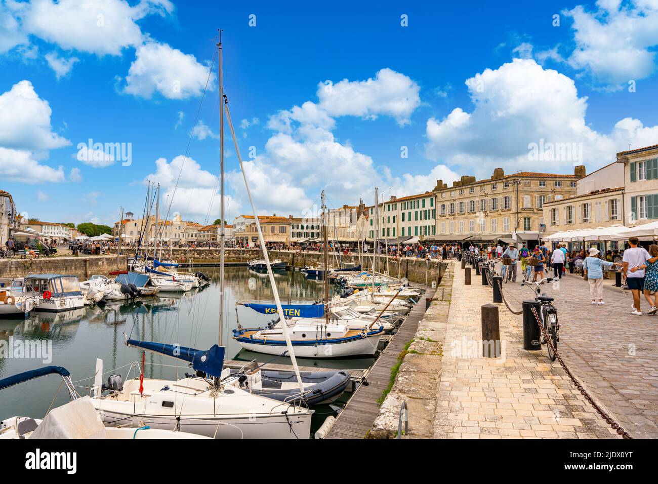 Saint-Martin-de Re, France - May 22th 2022 - Harbour filled with tourists on the Island of Re (Ile de Re) in the Britany part of France Stock Photo