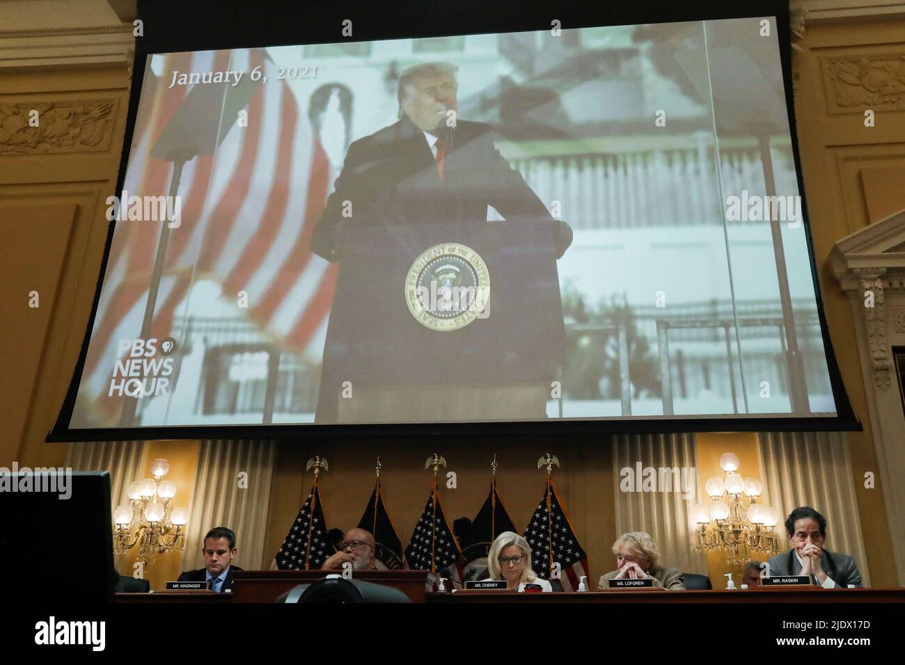 A video of former U.S President Donald Trump speaking is shown on a screen during the fifth public hearing of the U.S. House Select Committee to Investigate the January 6 Attack on the United States Capitol, on Capitol Hill in Washington, U.S., June 23, 2022. REUTERS/Jim Bourg Stock Photo
