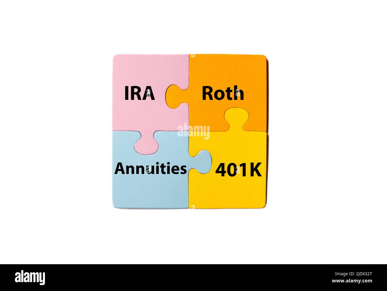 Jigsaw puzzle pieces of retirement savings and allocation of IRA, 401K, Roth and Annuities Stock Photo