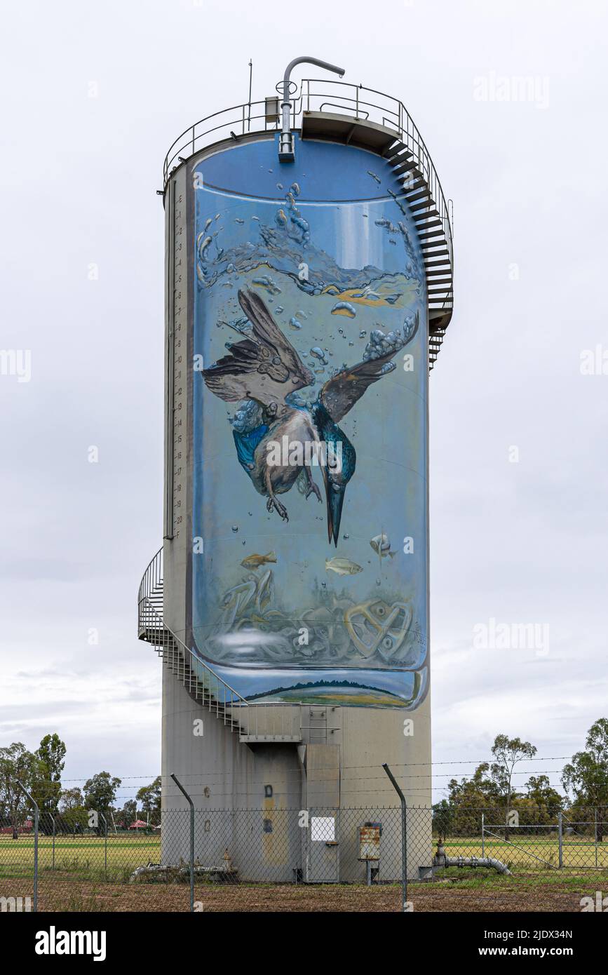 The Gulargambone water tower art 'Lucky Dip' by Jenny McCracken featuring a kingfisher Stock Photo