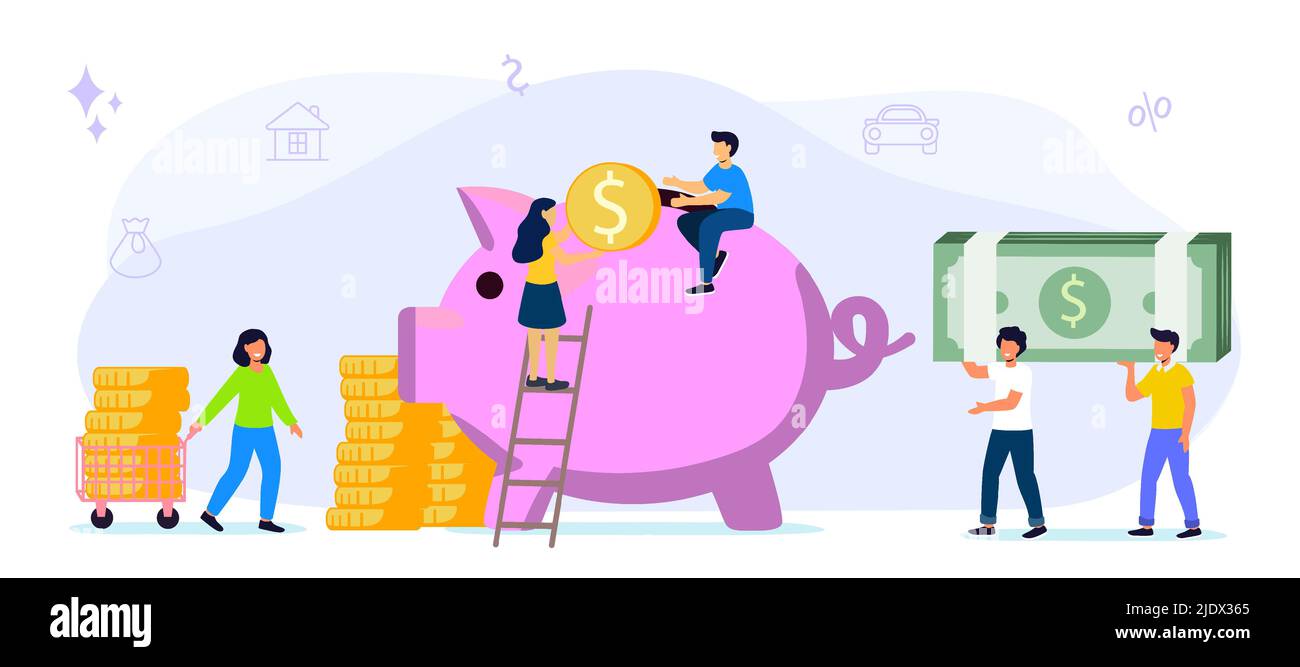 Big piggy bank on a white background with money Businessmen hoarding or saving money Funding vector flat illustrations concept The accumulation of mon Stock Vector