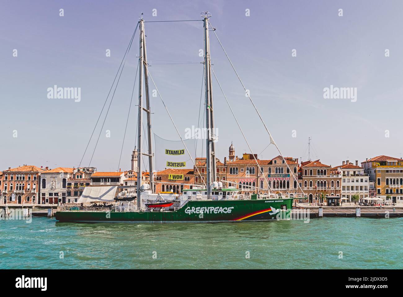 Venice, ITALY MAY 12, 2022 -The Rainbow Worrior, the ship of greenpeace activists, has docked in front of Venice Stock Photo