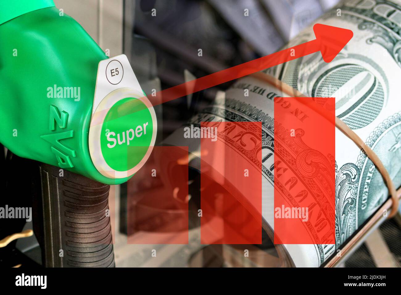 Economy graph rising arrow, gas pump and cash dollars. Rising gasoline