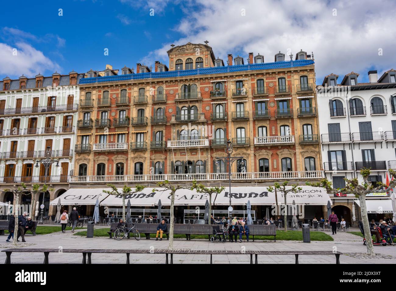 Pamplona, Spain - May 6th 2022 - Exterior of the Iruna Cafe restaurant on the Castillo square (Placa de Castillo) in Pamplona Stock Photo