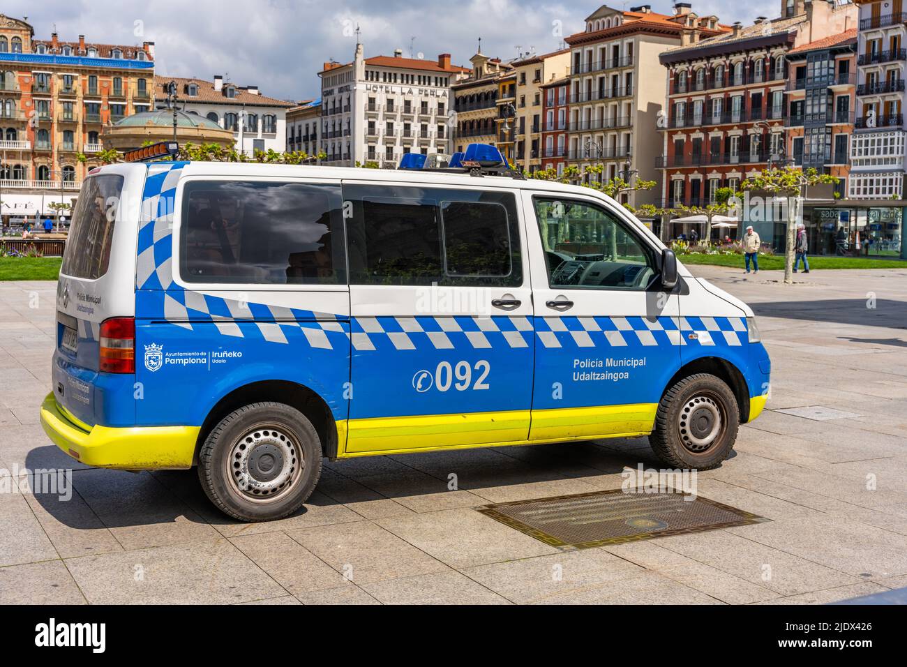 Pamplona, Spain - May 6th 2022 - Police van parkerd on the Castillo square (Placa de Castillo) in Pamplona Stock Photo
