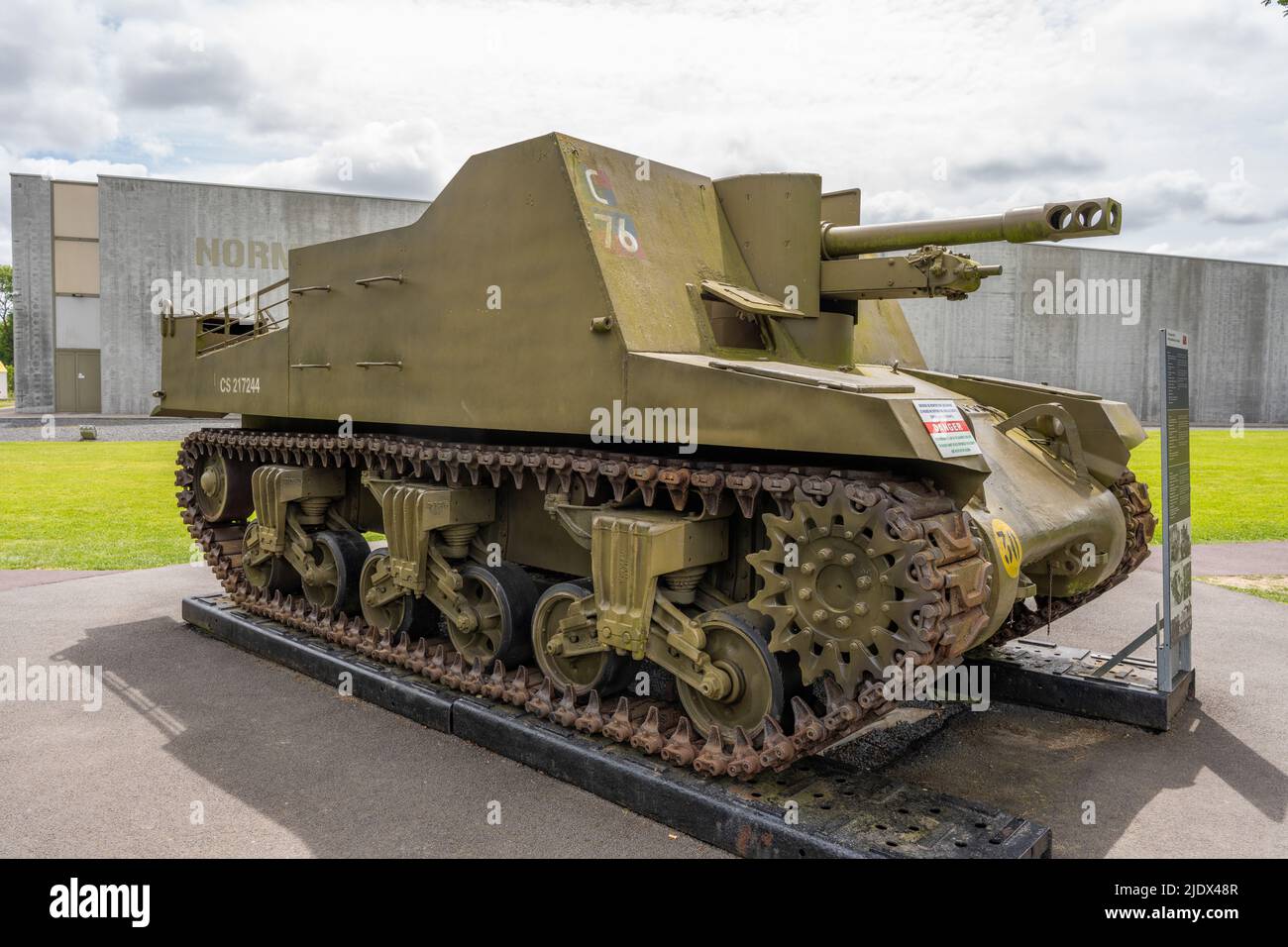 Saint-Laurent-sur-Mer, France - May 29th 2022 - WW2 Canadian 25pdr SP, tracked, Sexton Tank in front  of the Overlord museum at Omaha beach known from Stock Photo