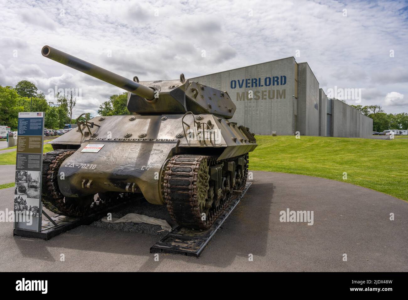 Saint-Laurent-sur-Mer, France - May 29th 2022 - WW2 M10 Tank Destroyer in front  of the Overlord museum at Omaha beach known from D-Day Stock Photo