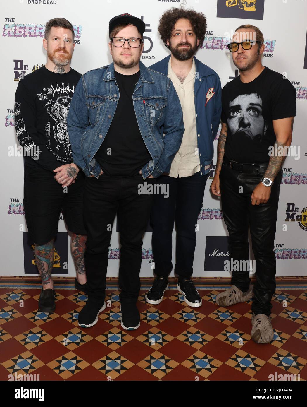 CAPTION CORRECTION: Retransmitting amending band name to Fall Out Boy and  adding left to right. (Left to right) Andy Hurley, Patrick Stump, Joe  Trohman and Pete Wentz of Fall Out Boy attending