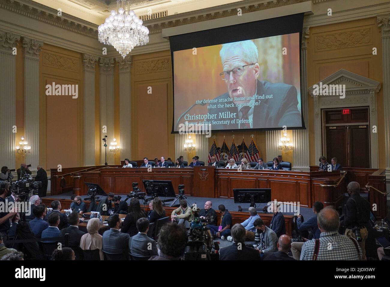 Washington, DC on June 23, 2022. A video of former acting secretary of defense Christopher Miller is shown on a screen, as the House Jan. 6 select committee holds a hearing on Capitol Hill on Thursday, June 23, 2022. Credit: Demetrius Freeman/Pool via CNP Stock Photo