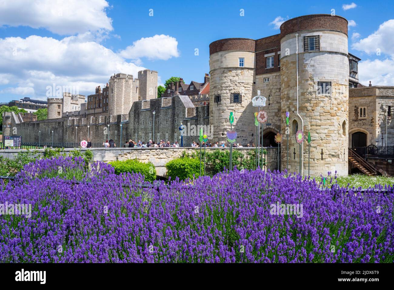 Colourful flowers around the Tower of London, Tower Hill, London, UK