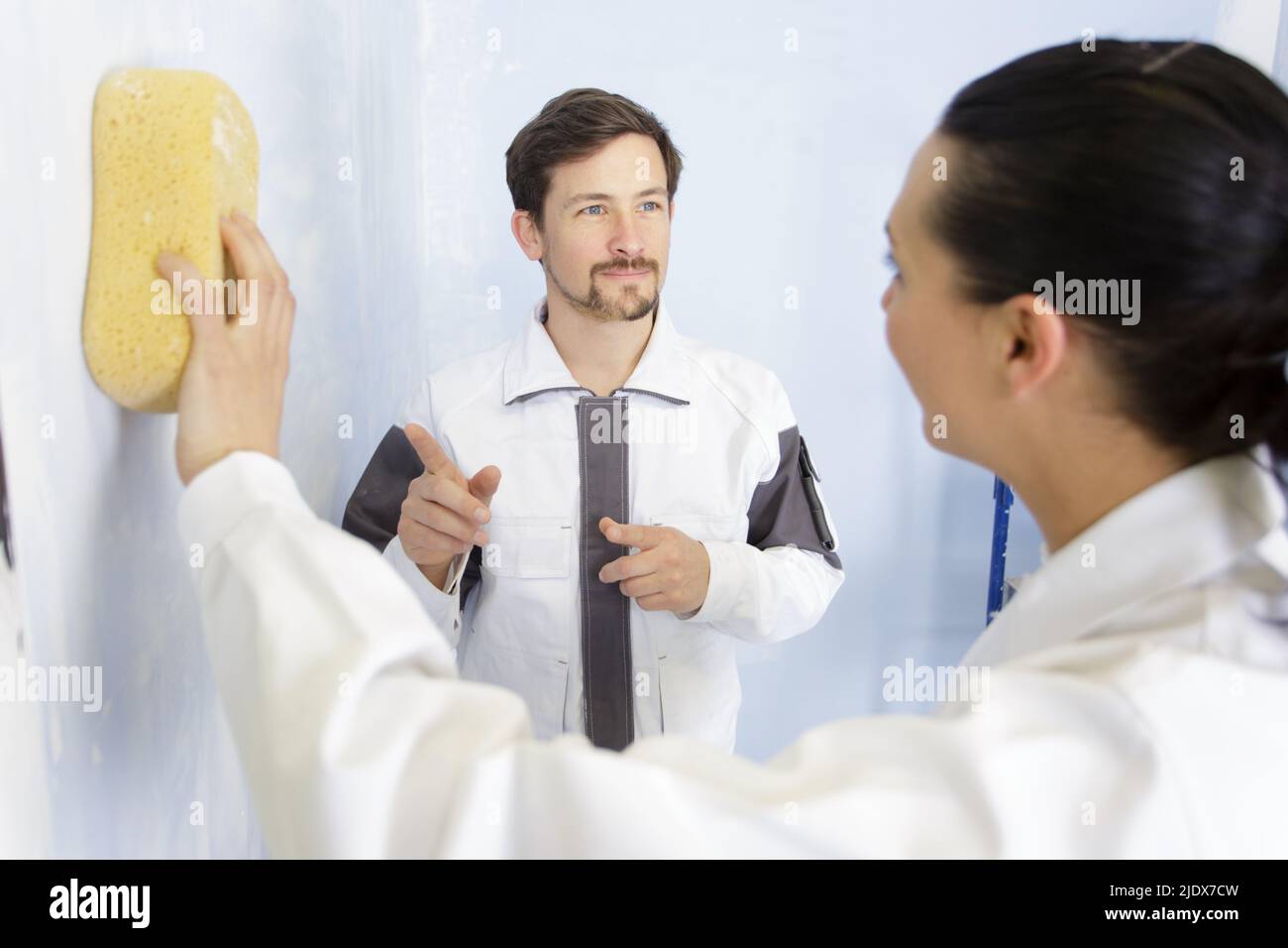 female decorator using sponge on interior wall Stock Photo