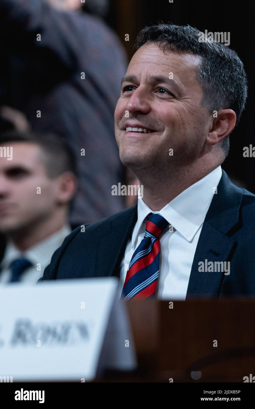 Washington, USA. 23rd June, 2022. Day 5 of the hearing of the Select Committee to Investigate the January 6th Attack on the US Capitol in Washington, DC, on Thursday, June 23, 2022. (Photo by Cheriss May/Sipa USA/Sipa USA) Credit: Sipa USA/Alamy Live News Stock Photo