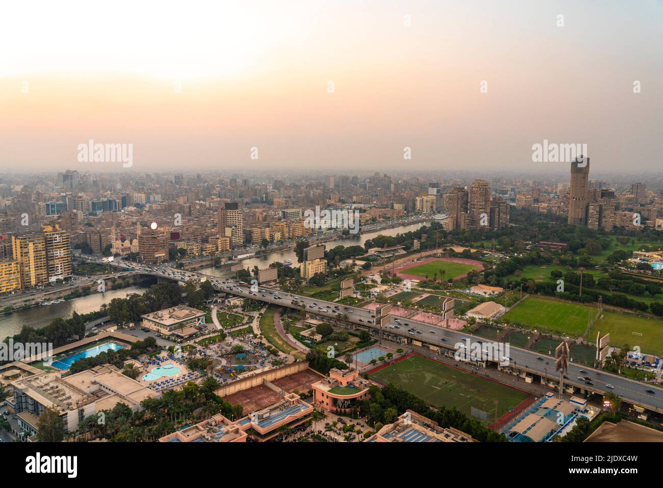 Egypt, Cairo, Traffic along city bridge with Agouza and Mohandeseen neighbourhoods in background Stock Photo