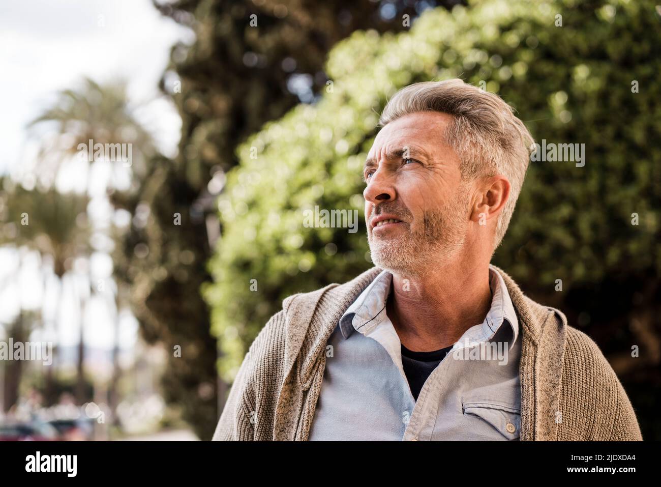 Thoughtful mature man in park Stock Photo