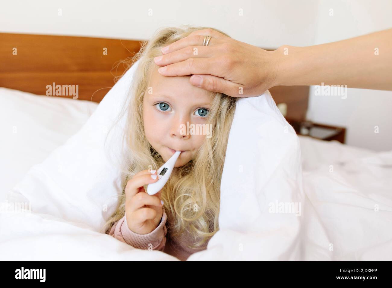 Sick girl measuring body temperature wrapped in blanket Stock Photo Alamy
