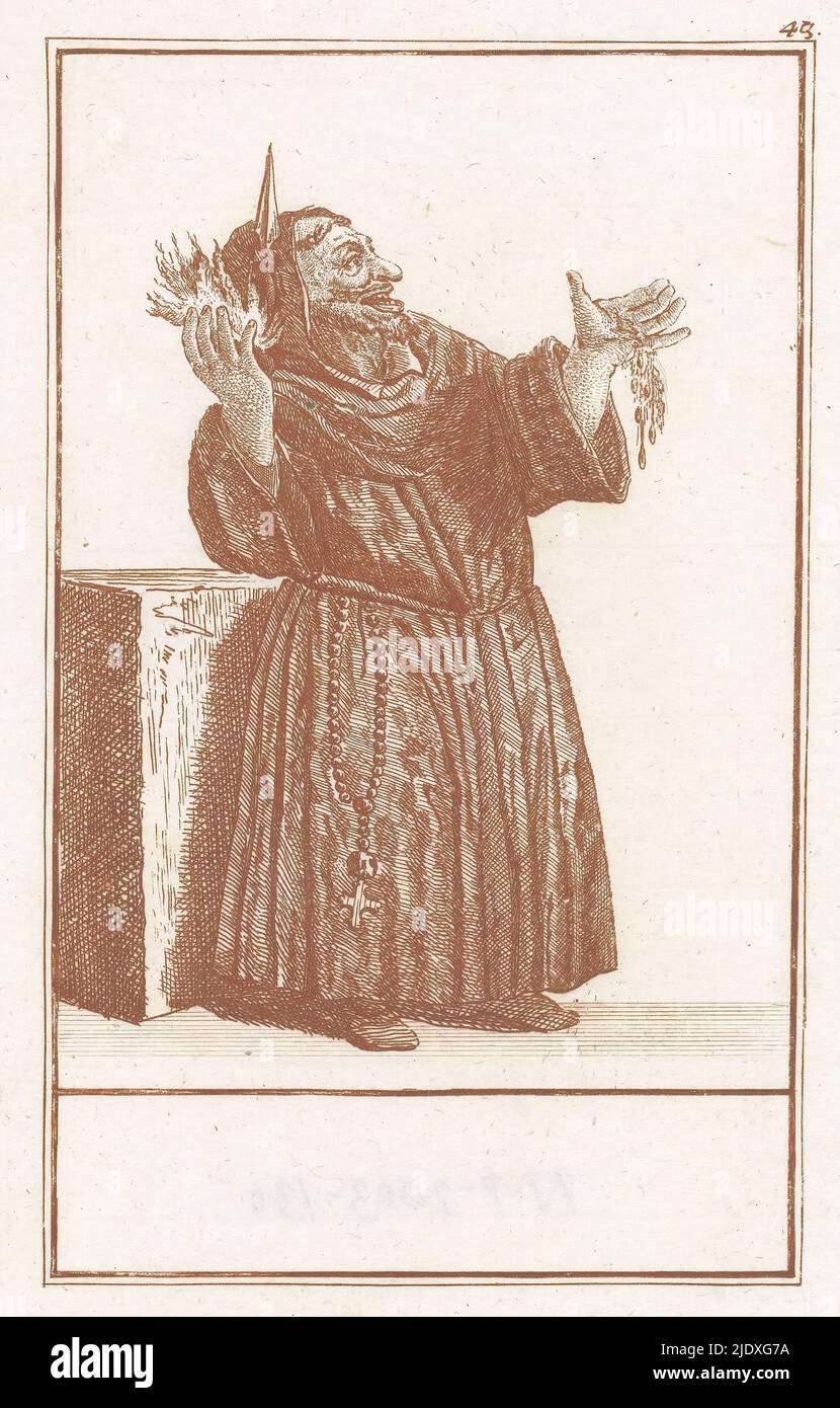 Monk with fire in one hand, water in the other, Abuses of the Catholic Clergy (series title), L'Abregé du Faux Clerge Romain (series title), A monk, standing before a block. He holds both hands with palms up. In his right hand fire, from his left hand water flows. The print is part of a 50-volume series dealing with the abuses of the Catholic clergy., print maker: Jacob Gole, (attributed to), after drawing by: Cornelis Dusart, Amsterdam, 1724, paper, etching, height 233 mm × width 183 mm Stock Photo