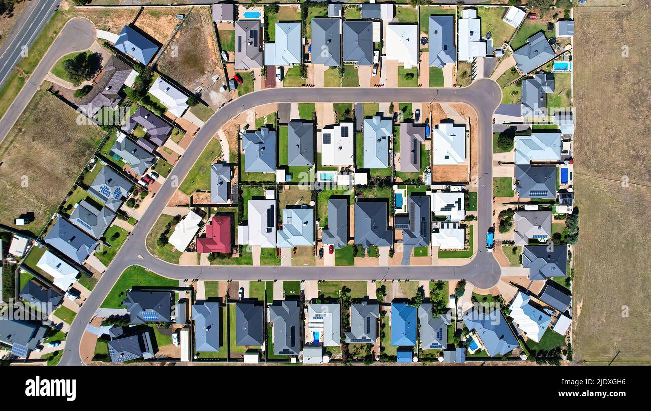 Overhead view of new houses in new neighbourhood in Mulwala New South