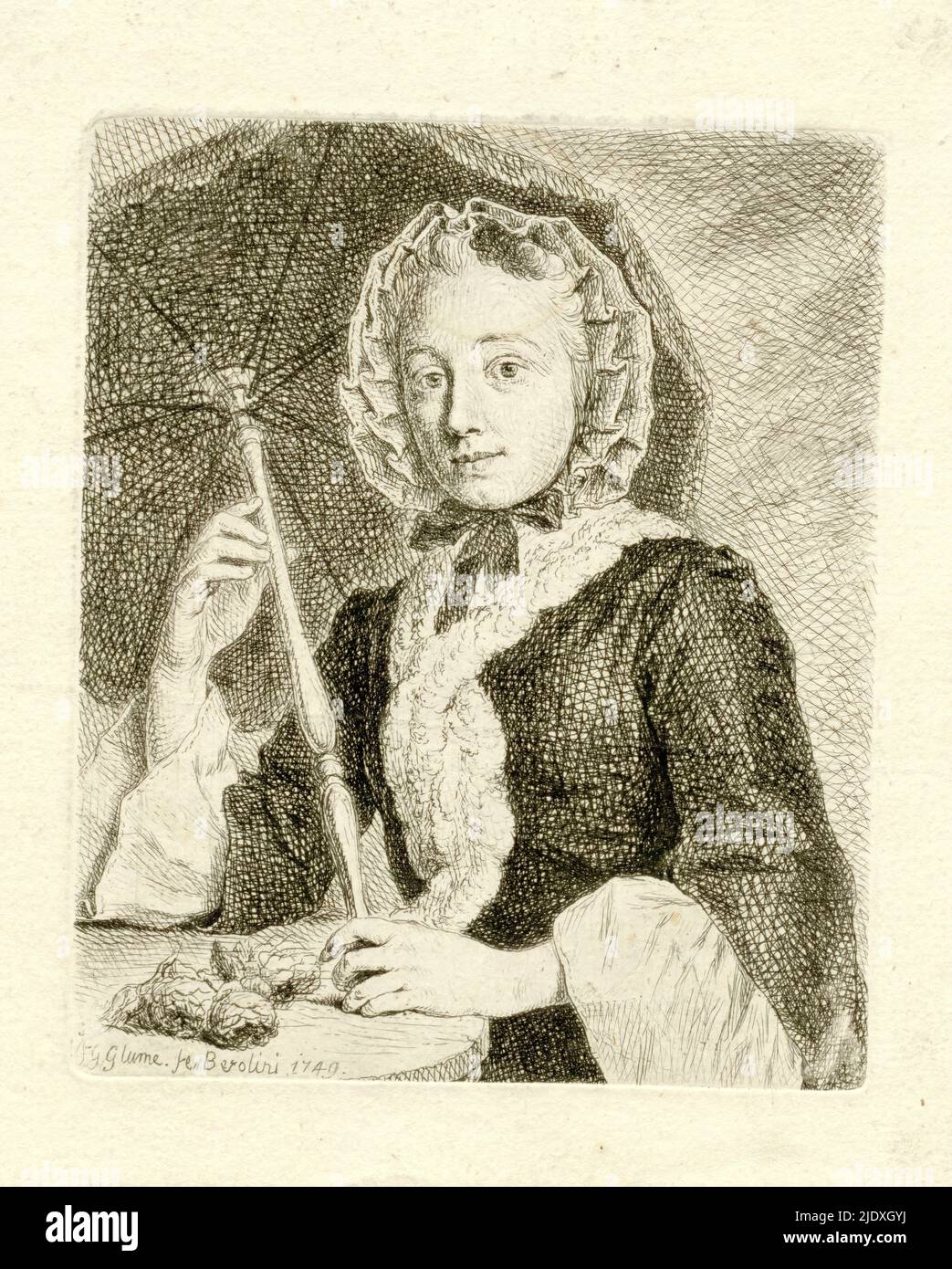 Woman with Parasol, Portrait of Charlotte Dorothea, born Copcovius (1724-1776), as a young woman with bonnet on head, parasol in hand, standing at a round table. She was the wife of Friedrich Christian Glume, the artist's brother. After his death in 1753, a few years after the print was published, she remarried his other brother Carl Philipp., print maker: Johann Gottlieb Glume, (mentioned on object), Berlin, 1749, paper, etching, height 130 mm × width 108 mm Stock Photo