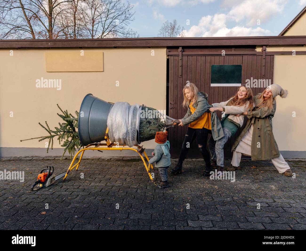 Family pulling Christmas tree in front of wall Stock Photo