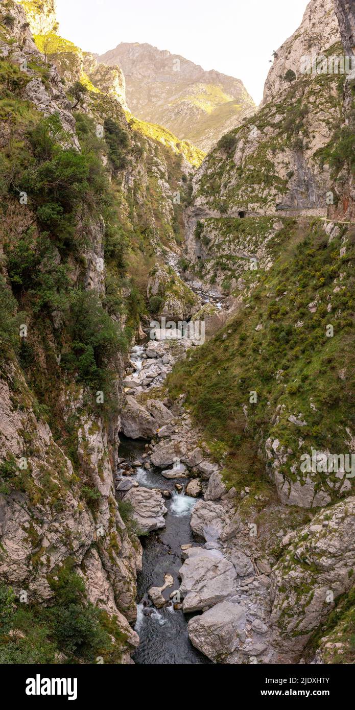 Spain, Province of Leon, Leon, River flowing through narrow canyon in Picos de Europa mountains Stock Photo