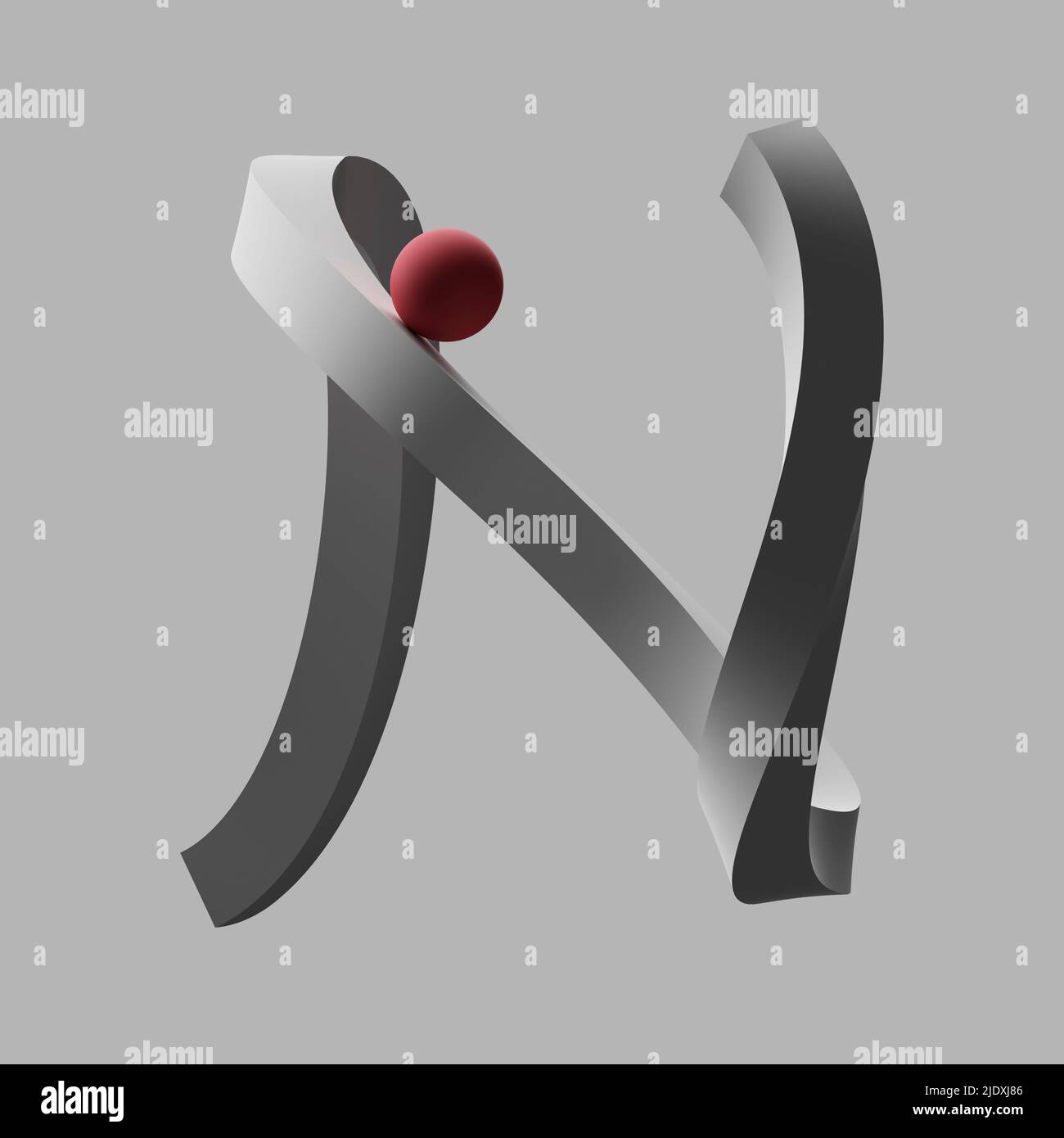 Three dimensional render of red sphere balancing on letter N Stock Photo
