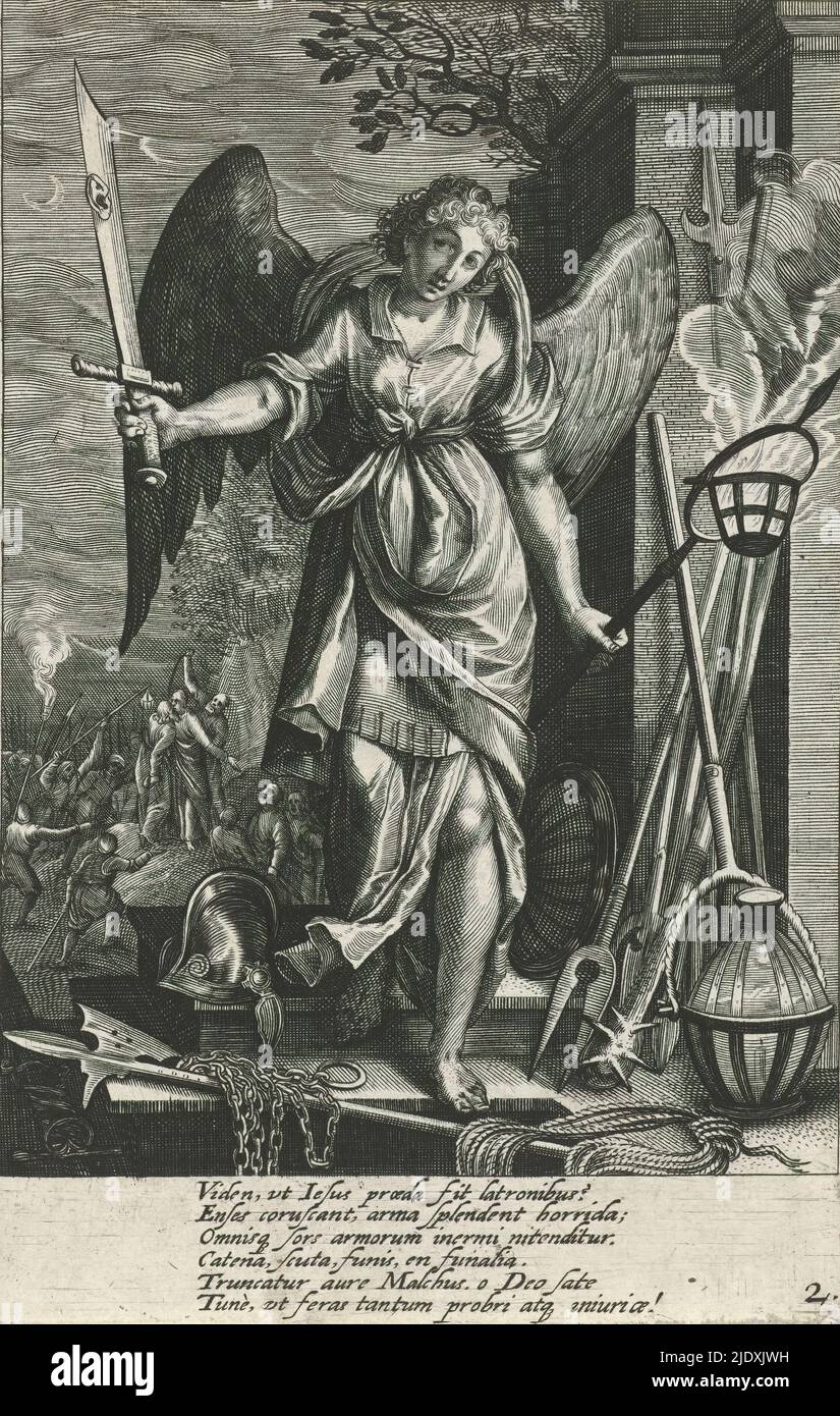 Angel with sword with Malchus' ear, Tools of the Passion (series title), In the foreground an angel holding in his right hand the sword with which Peter cut off Malchus' ear (the ear is on the sword). In the left hand a lance with a brazier. On the ground various weapons. In the background the scene in Gethsemane: the Judas kiss. Peter kisses Christ with which he betrays him to the soldiers., print maker: Abraham Hogenberg, after design by: Augustin Braun, Guilhelm Salsman, 1608 - 1658, paper, engraving, height 170 mm × width 110 mm Stock Photo