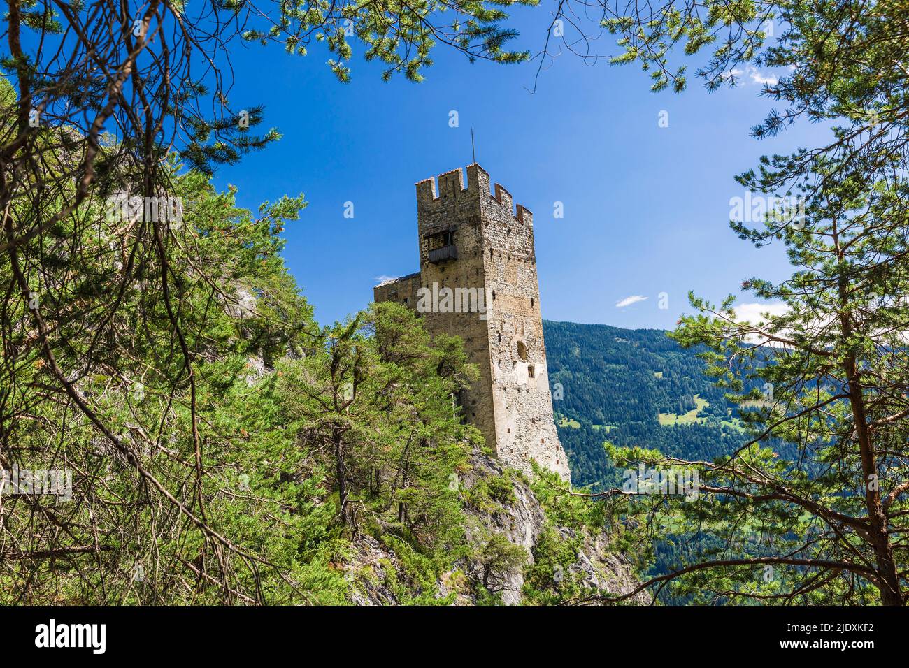 Stanz Austria, Tyrol, Stanz bei Landeck, Ruins of Schrofenstein Castle Stock ...
