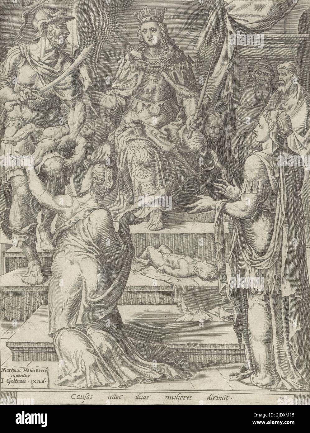 Judgment of Solomon, Story of Solomon (series title), Two women both claim to be the mother of a still living baby and ask Solomon for his judgment. Solomon sits on his throne. Before him the two mothers. The soldier next to him is about to cut the baby in half, whereupon the left mother kneels with her arms raised in protest. The other, deceased baby lies on the steps in front of the throne. Below in the margin a one-line caption in Latin., print maker: anonymous, print maker: Pieter van der Heyden, (attributed to), after design by: Maarten van Heemskerck, (mentioned on object), print maker: Stock Photo