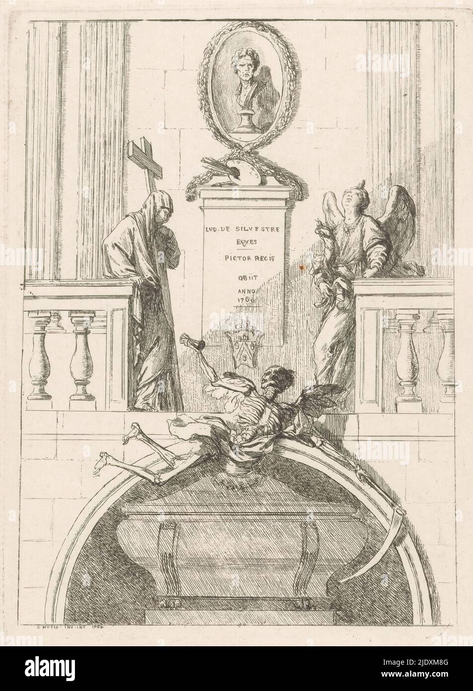 Tomb monument for Louis de Silvestre, Tomb monuments for artists (series title), Tomb monument for the artist Louis de Silvestre. His name appears on the upright headstone, above which is a palette with brushes and his portrait with laurel wreath. On a balustrade next to the stone, a woman with a cross stands on the left and an angel with a horn of plenty stands on the right. In the center below, Death lies as a skeleton before the tomb above a coffin., print maker: Charles François Hutin, (mentioned on object), after own design by: Charles François Hutin, (mentioned on object), 1764, paper, e Stock Photo