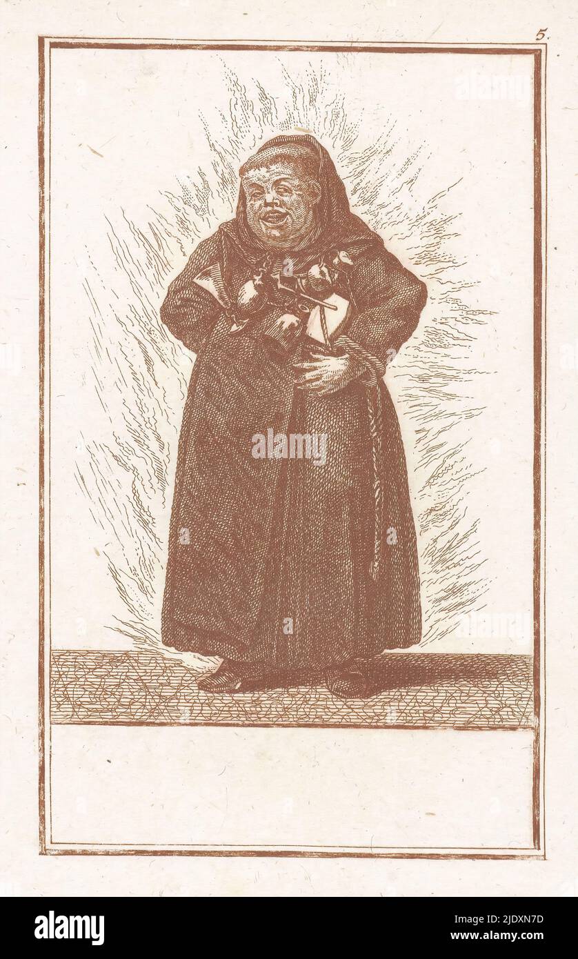 Fat Monk in Hellfire, Abuses of the Catholic Clergy (series title), L'Abregé du Faux Clerge Romain (series title), A fat monk, seen from the front, standing in a wreath of fire. Around his neck hang a glass, bottle, pipe and other attributes that indicate an anything but sober lifestyle. The print is part of a 50-volume series dealing with the abuses of the Catholic clergy., print maker: Jacob Gole, (attributed to), after drawing by: Cornelis Dusart, Amsterdam, 1724, paper, etching, height 231 mm × width 180 mm Stock Photo