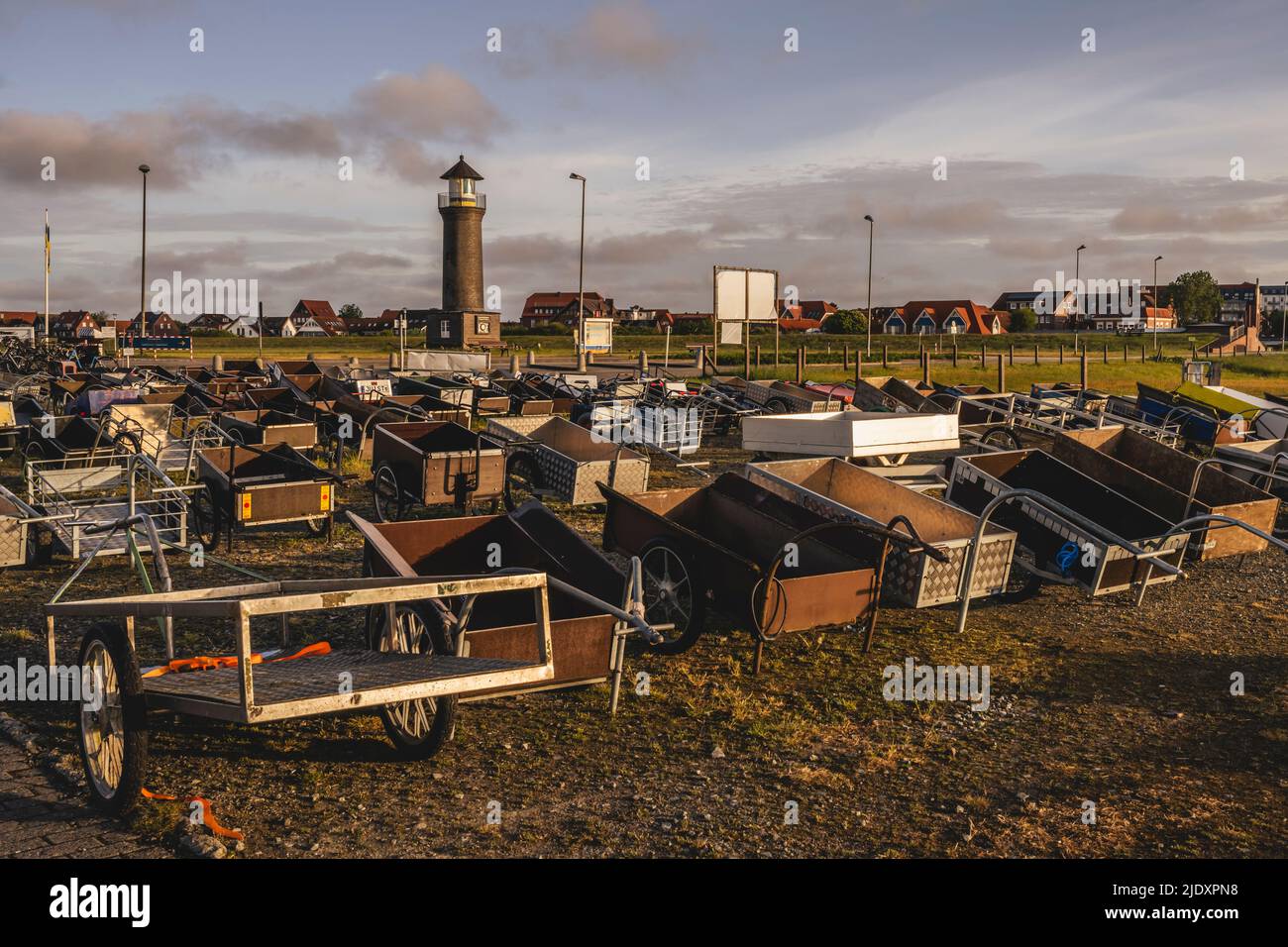 Germany, Lower Saxony, Juist, Collection of empty push carts standing in front of Memmertfeuer