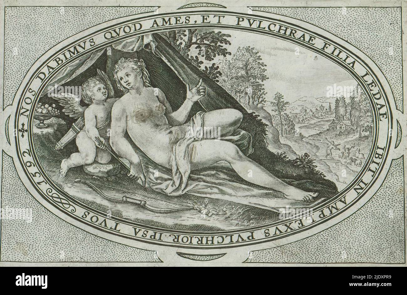 Venus, Gods and goddesses involved in the judgment of Paris (series title), Landscape with Venus and her companion Amor. In the frame, an edge lettering in Latin referring to the role Venus played in the Judgment of Paris. She is one of the three goddesses who were to judge Paris. She promised to reward Paris with the love of any woman he chose. This print is part of an album., print maker: Crispijn van de Passe (I), Cologne, 1592 and/or 1635 - 1660, paper, engraving, height 94 mm × width 142 mm Stock Photo