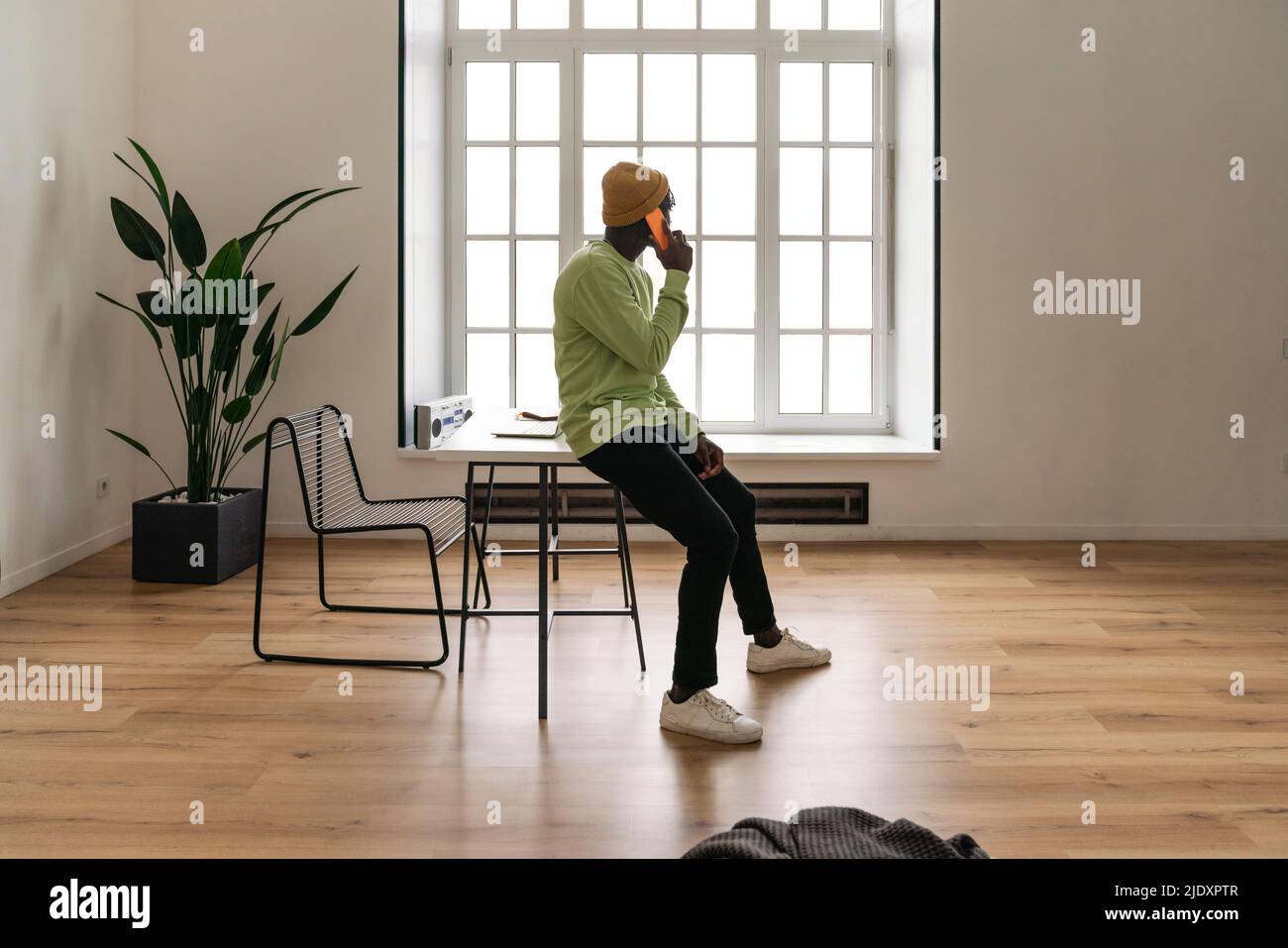 Young freelancer talking on smart phone at home Stock Photo
