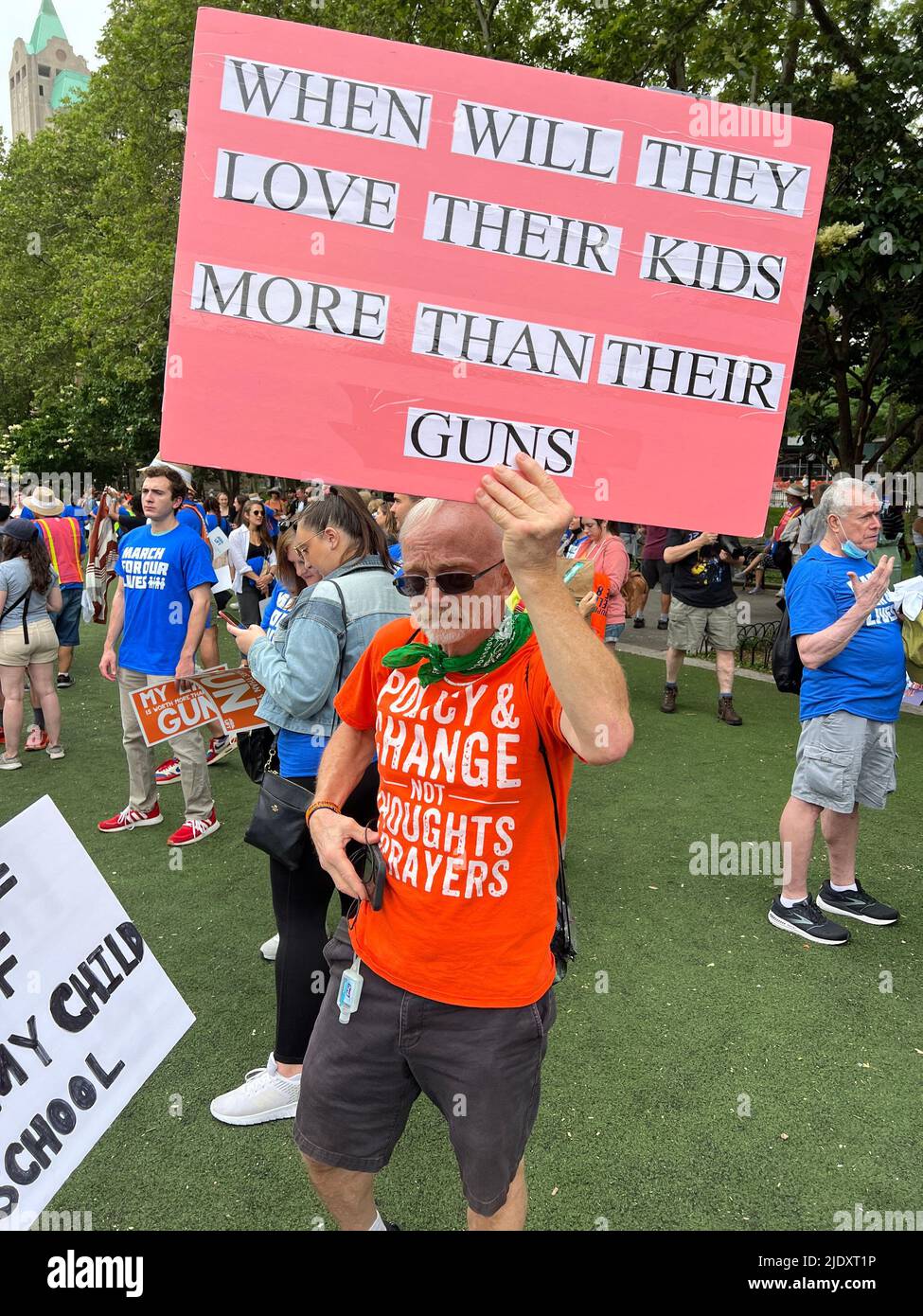 'March For Our Lives' demonstration and march across the Brooklyn Bridge from Cadman Plaza, Brooklyn to City Hall speaking out for substantive gun laws to protect children and all citizens after recent mass shootings and slaughter around the United States. Stock Photo