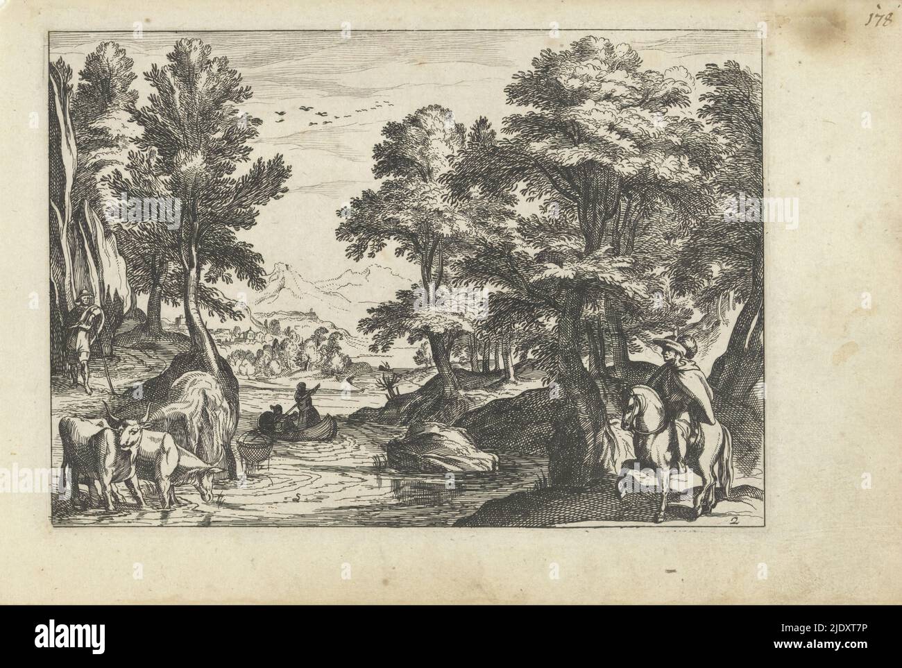 Landscape with horseman, drinking cattle and a boat in a river., Landscapes with figures (series title), Forest landscape with a horseman, drinking cattle and a fishing boat in a river. Mountains are visible in the background., print maker: anonymous, after print by: Antonio Tempesta, publisher: Claes Jansz. Visscher (II), print maker: Netherlands, publisher: Amsterdam, 1612 - 1652, paper, engraving, height 127 mm × width 181 mm Stock Photo
