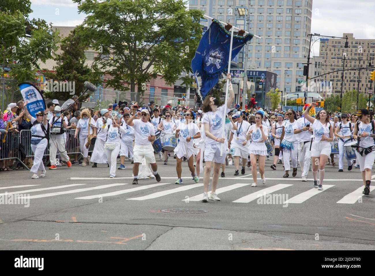 After 2 years from a Covid-19 shutdown, people return to the annual Mermaid Parade, alleged to be the largest art parade in the nation, at Coney Island along Surf Avenue in Brooklyn, New York. Fogo Azul march in full force at the parade. Stock Photo