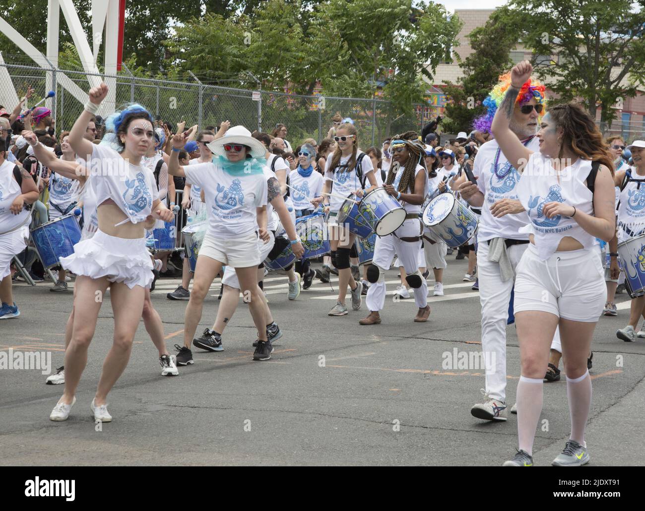 After 2 years from a Covid-19 shutdown, people return to the annual Mermaid Parade, alleged to be the largest art parade in the nation, at Coney Island along Surf Avenue in Brooklyn, New York. Fogo Azul march in full force at the parade. Stock Photo