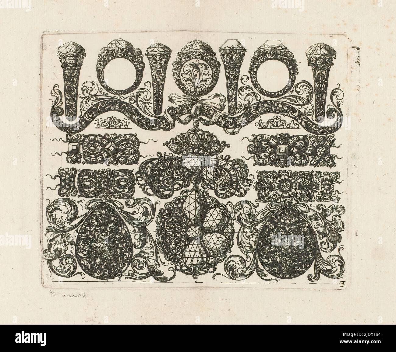 Designs for jewelry, Sheet 3 in a series of 6, print maker: Johann Wilhelm Heel, c. 1660, paper, engraving, height 115 mm × width 139 mm Stock Photo