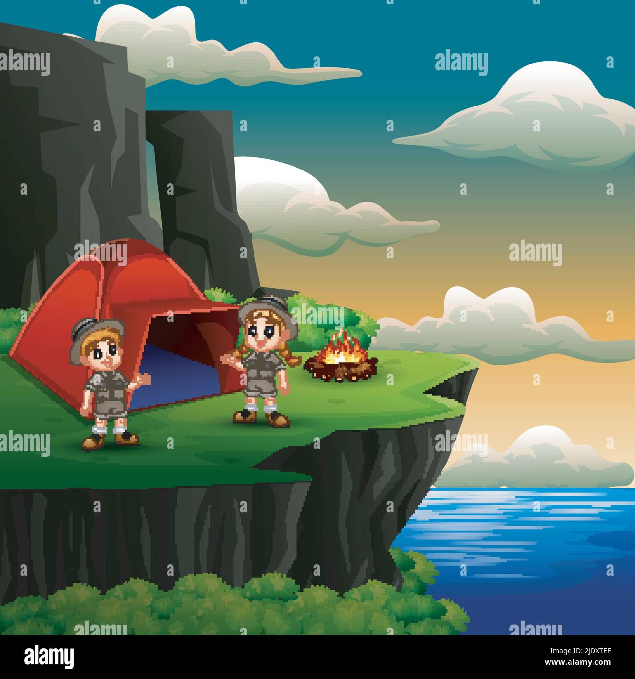 Scout boy and girl are camping on the cliff Stock Vector