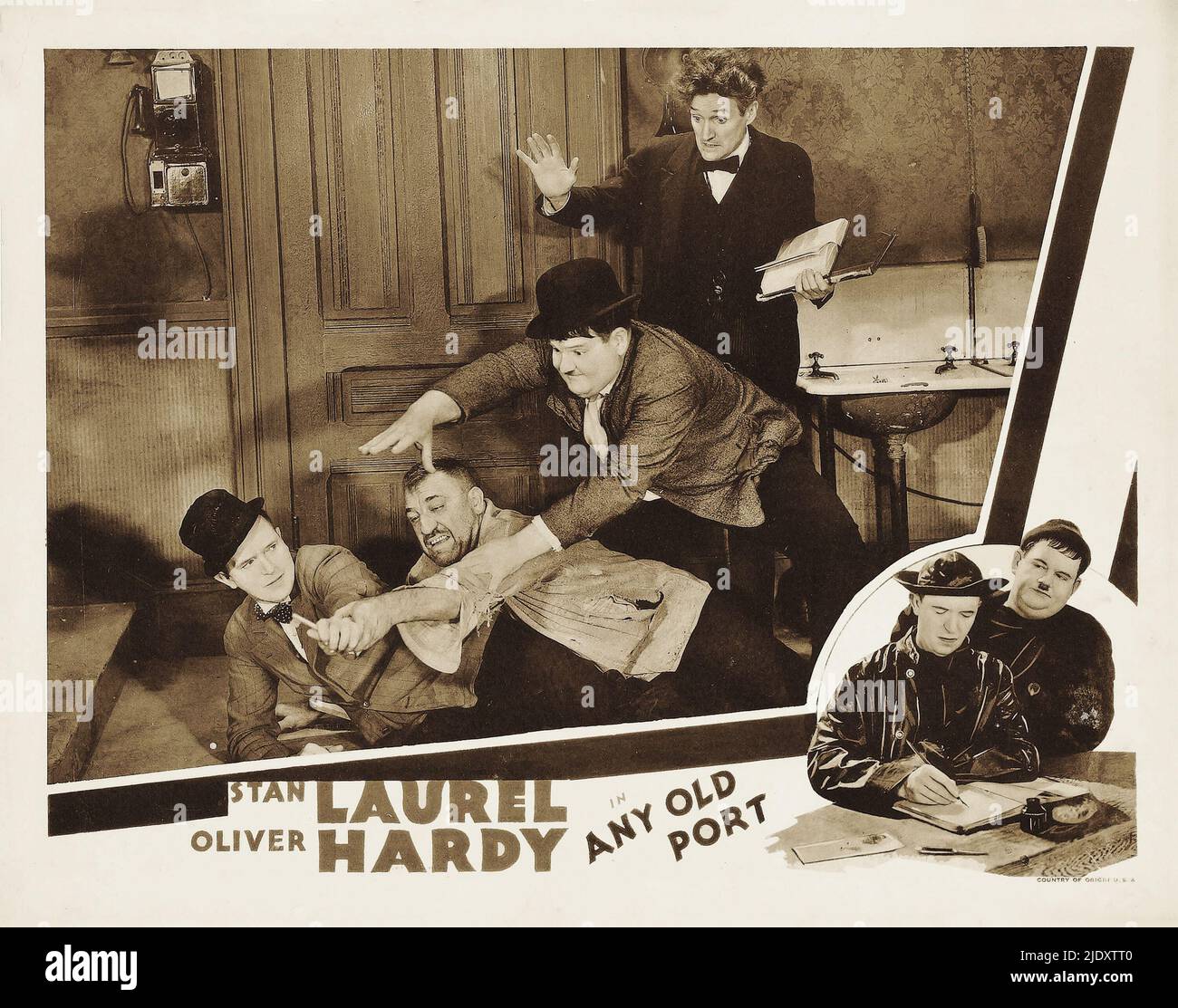 Lobby card for the 1932 Laurel and Hardy film Any Old Port. Stock Photo