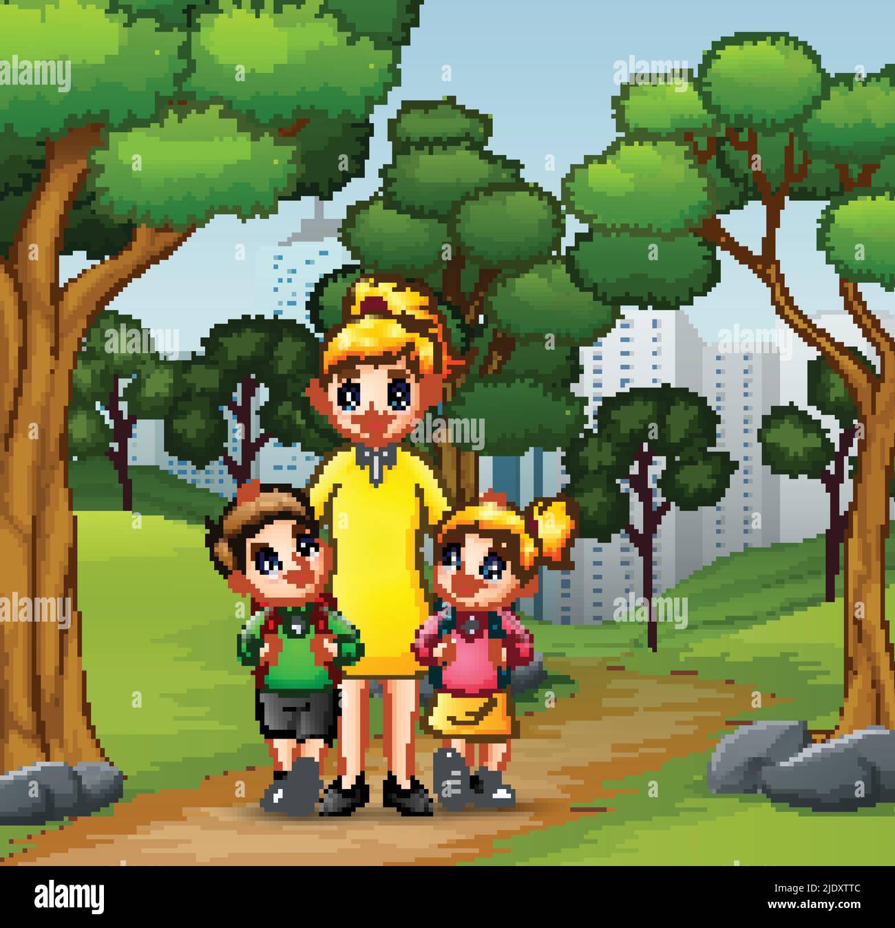 Happy children going to school with mom Stock Vector Image & Art - Alamy
